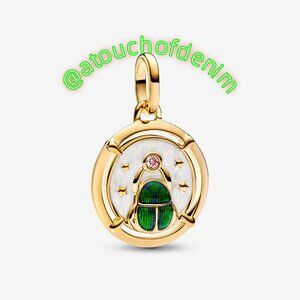 Gold Tone Beetle Pendant Charm with Green Enamel and Pink Stone
